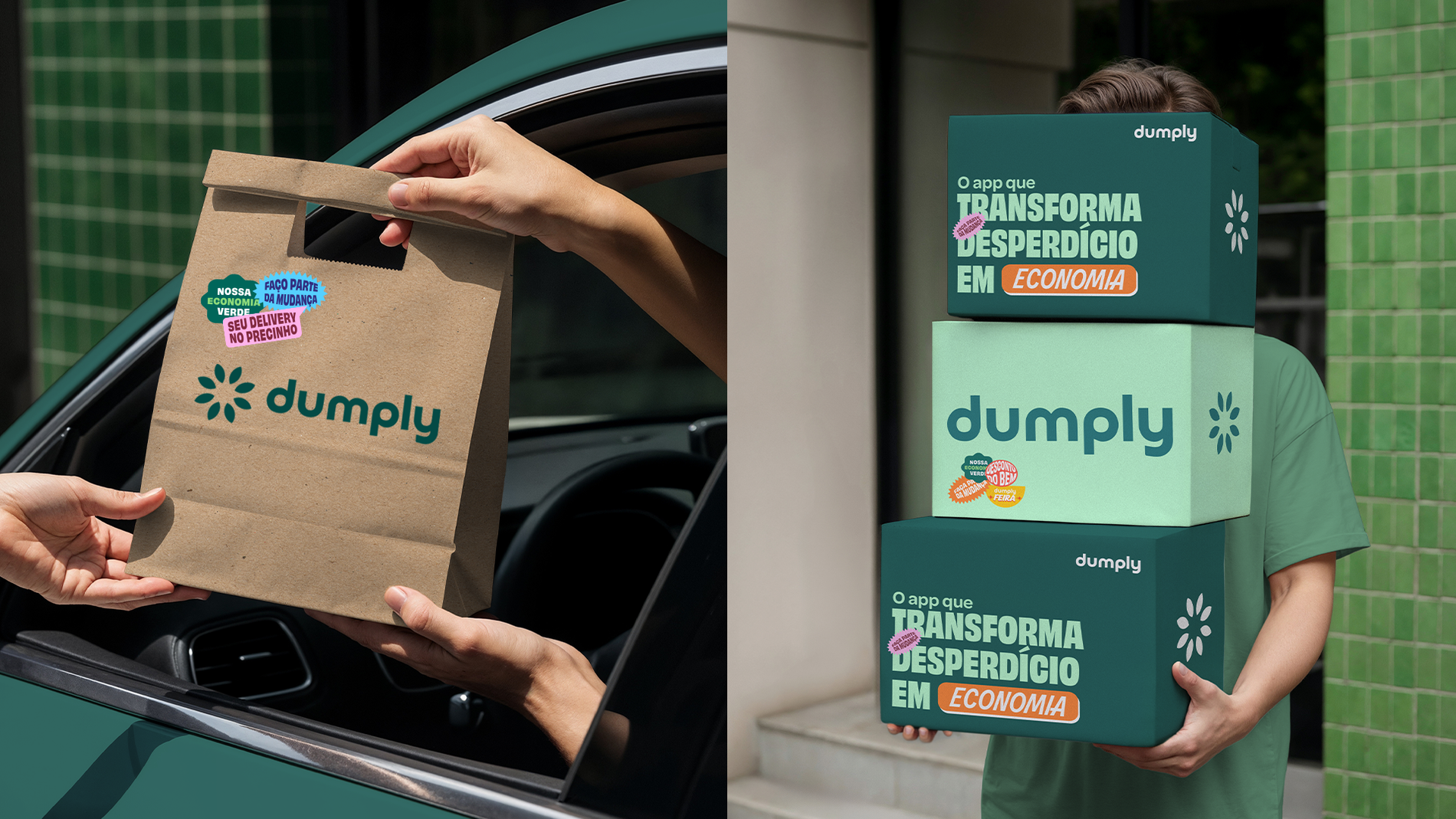 Aplicações da identidade Dumply em embalagem e uniforme