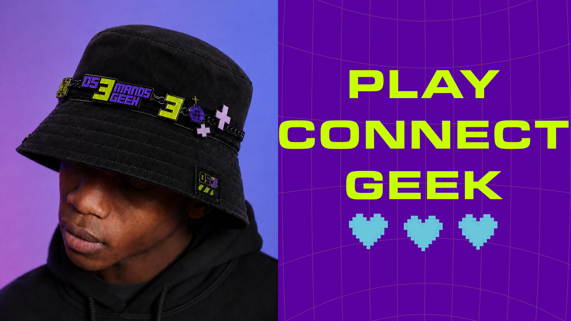 Aplicação da marca Os 3 Manos Geek em bucket hat e composição Play Connect Geek