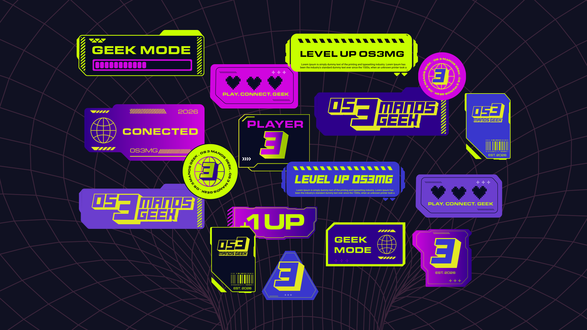Stickers, badges e elementos visuais da marca Os 3 Manos Geek