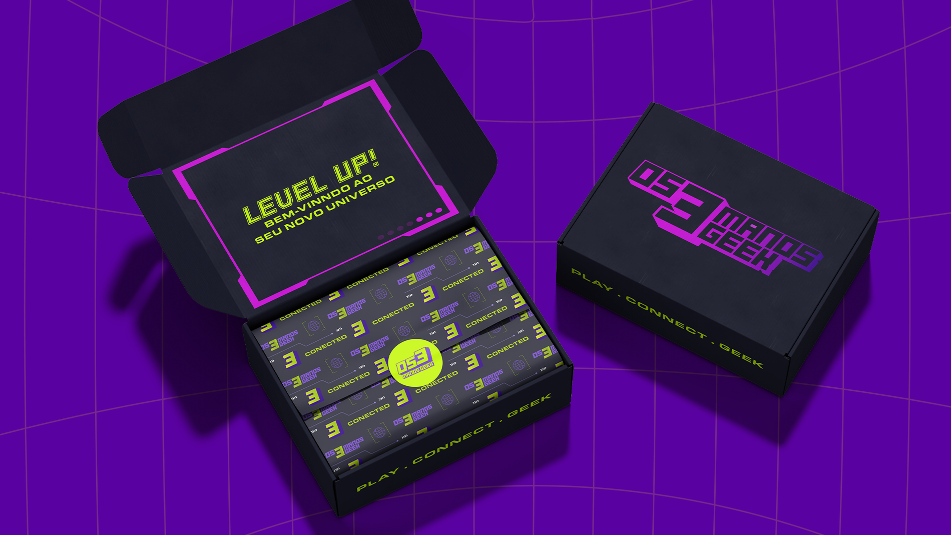 Embalagem Os 3 Manos Geek com identidade gamer