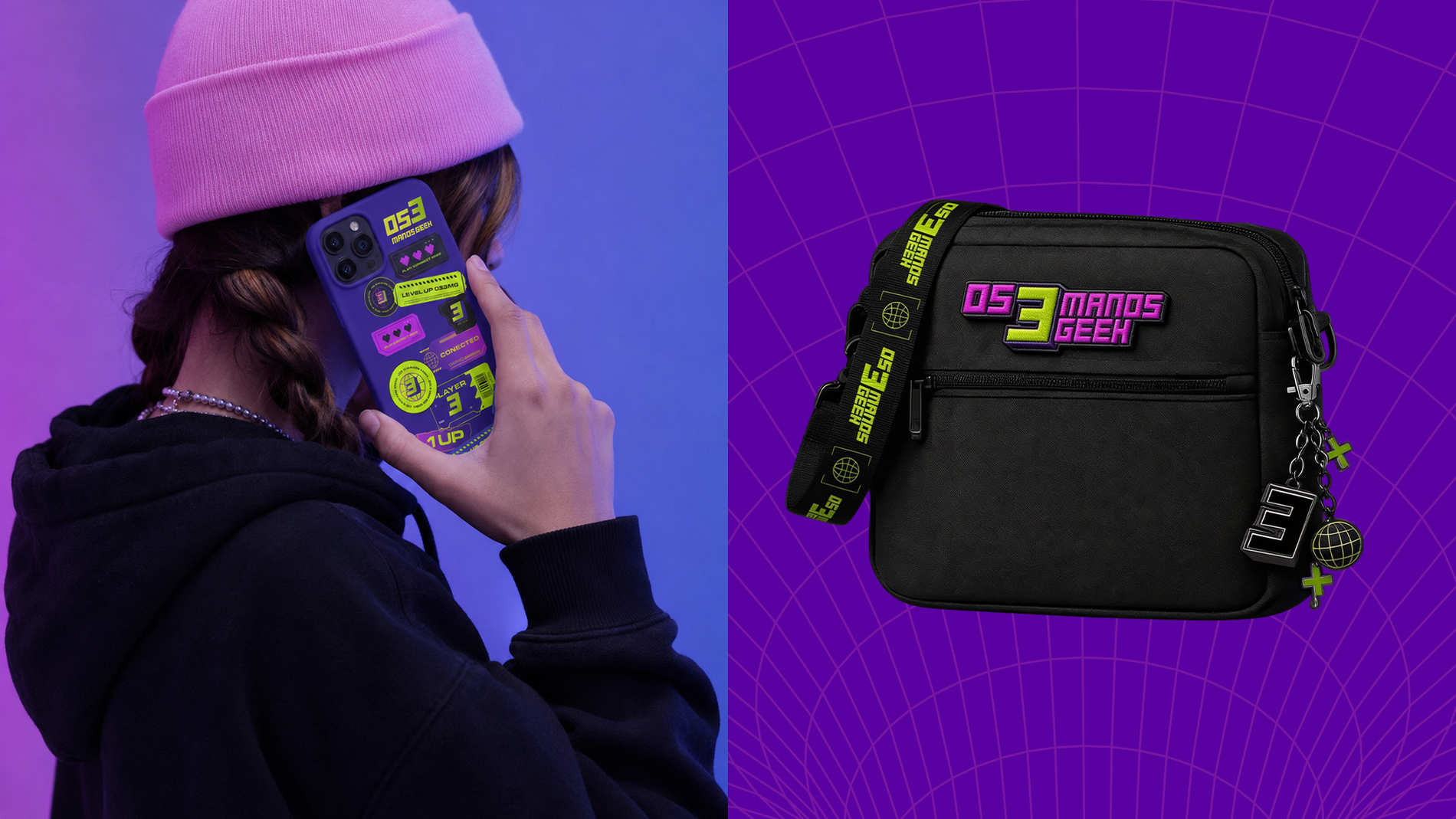 Aplicações da identidade Os 3 Manos Geek em celular e shoulder bag