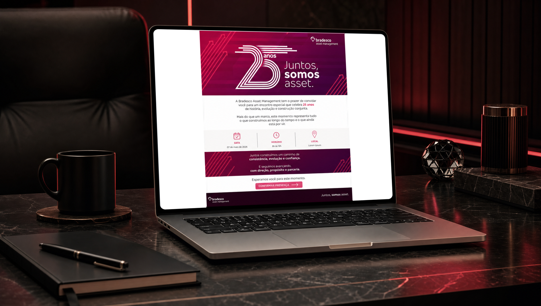 Mockup de e-mail convite Bradesco Asset em notebook