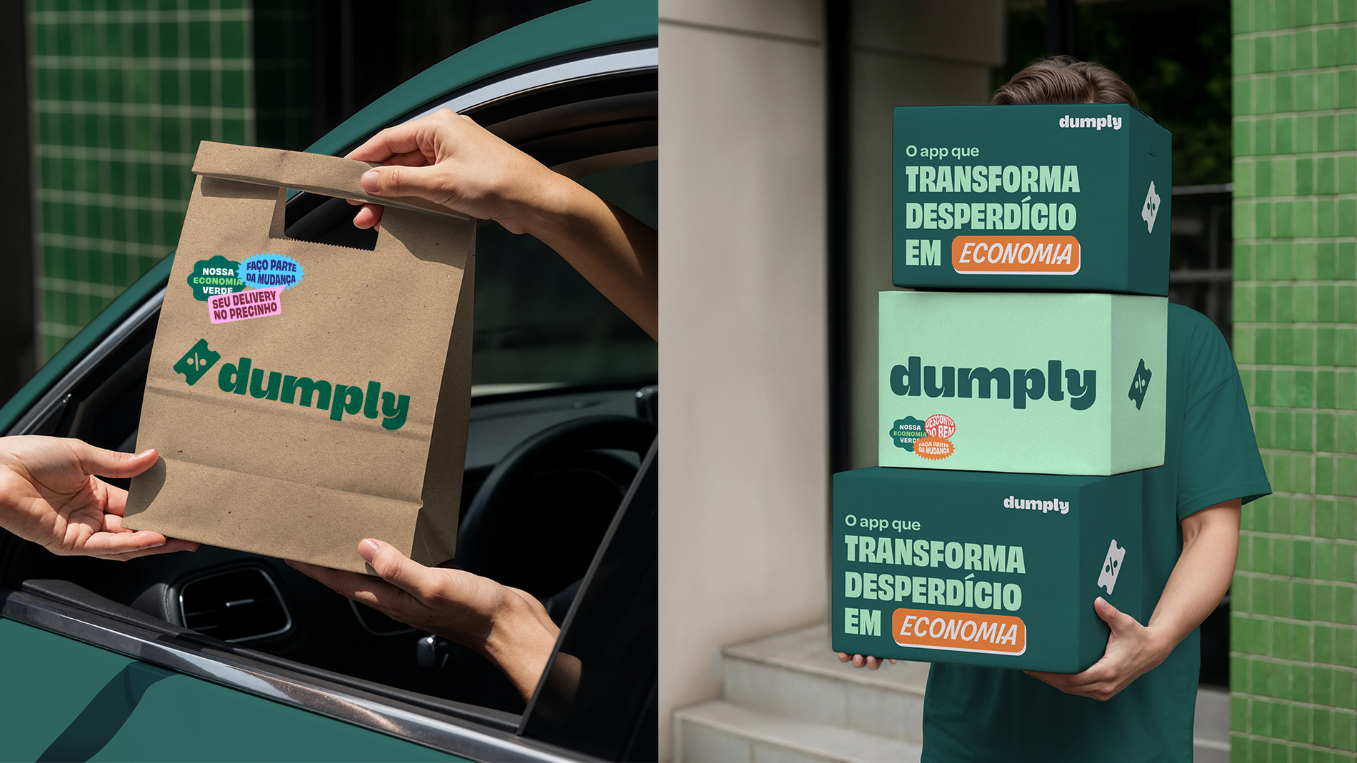 Aplicações da identidade Dumply em embalagem e uniforme